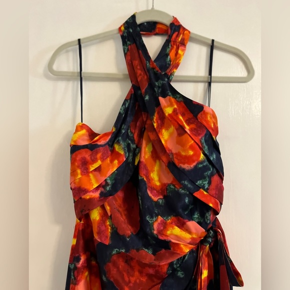 Cinq à Sept Trini Satin Floral Halter Neck Mini Wrap Dress, Size 2 - Picture 8 of 14